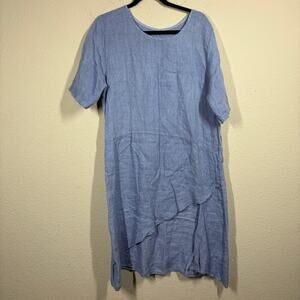 Womens Size Medium Asymmetric Front Linen Shift Dress Light Blue Crew Neck Italy